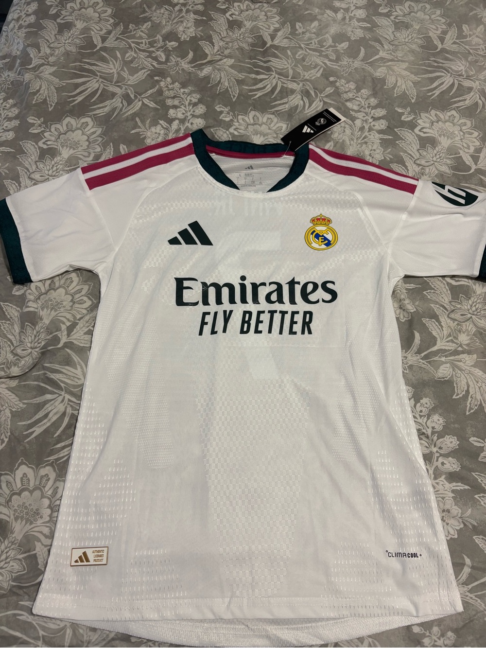 adidas White Real Madrid Kids Jersey with Pink Stripes